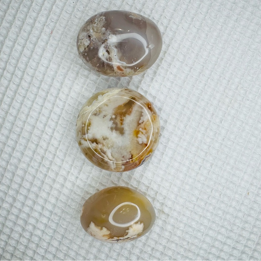Flower Agate 3pc Bundle Disc + Palm Stone + Jumbo Tumble 376g Glowy Polished
